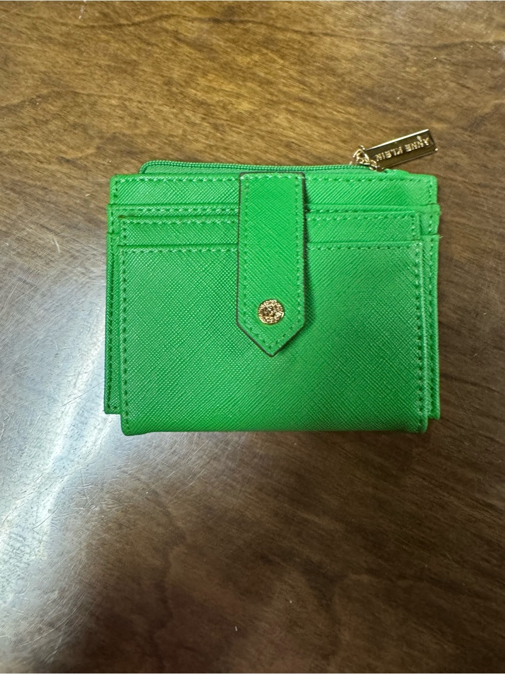 Anne Klein bright green saffiano card case wallet with gold-tone hardware